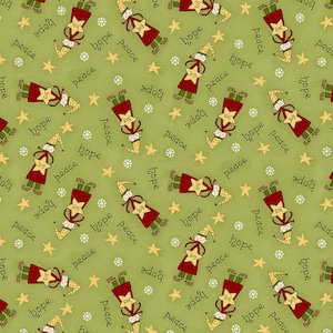 May include: A green fabric with a repeating pattern of red and green gnomes holding stars. The gnomes are wearing red hats and have white beards. The fabric has the words "peace", "hope", and "joy" repeated throughout.