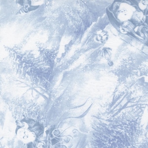 May include: A blue and white winter scene with a snowy forest and a Santa Claus figure in a sleigh. The image is a repeating pattern.