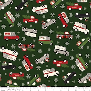 Rare - 21" REMNANT - Christmas Delivery FLANNELS by Carta Bella for Riley Blake, #F7333 Tossed Trucks, Snowflakes on Green