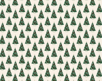 May include: A seamless pattern featuring a repeating design of green Christmas trees with white and red ornaments on a cream background.