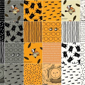 May include: A digital collage of 16 squares featuring various Halloween-themed patterns and illustrations. The patterns include black and white polka dots, black and white stripes, black bats on a gray background, black mice on a white background, black mice on an orange background, black and white eyeglasses, and a witch flying on a broomstick. The illustrations include a witch flying on a broomstick, a round, gray, vintage-style clock with a face, and a black and white illustration of a mouse.