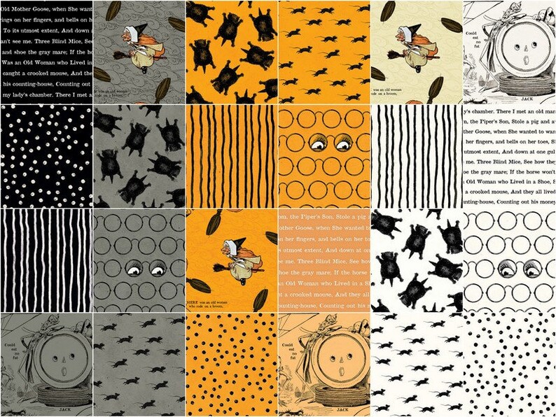 May include: A digital collage of 16 squares featuring various Halloween-themed patterns and illustrations. The patterns include black and white polka dots, black and white stripes, black bats on a gray background, black mice on a white background, black mice on an orange background, black and white eyeglasses, and a witch flying on a broomstick. The illustrations include a witch flying on a broomstick, a round, gray, vintage-style clock with a face, and a black and white illustration of a mouse.
