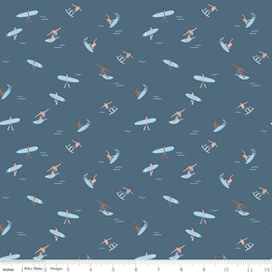 May include: A blue fabric with a repeating pattern of surfers riding waves. The surfers are illustrated in a simple, cartoon style with brown skin and blue surfboards. The background is a solid blue color.