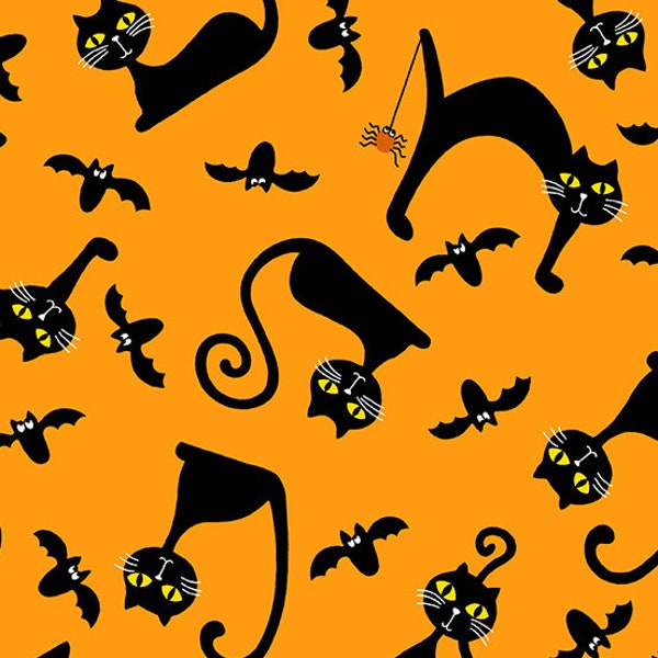 RARE - By The Continuous HALF Yard - A Spooky Good Time by Kim Schaefer for Andover Fabrics, Pattern #9405-CO Black Cats and Bats on Orange