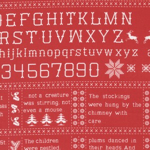 Może przedstawiać: Czerwone tło z białym fontem przedstawia świąteczny alfabet, cyfry i wers z wiersza 'Twas the Night Before Christmas'. Tekst brzmi: 'Twas the night before Christmas, and all through the house... not a creature was stirring, not even a mouse... The stockings were hung by the chimney with care... The children were nestled all snug in their beds... while visions of sugar plums danced in their heads. And...