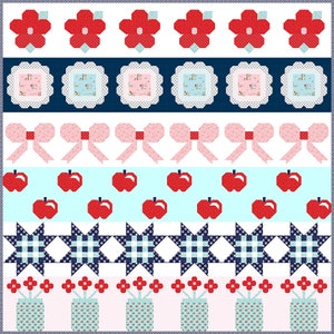 Könnte beinhalten: Ein Quiltmuster mit einer Vielzahl von bunten Designs, darunter Blumen, Schleifen, Äpfel, Sterne und Vasen. Der Quilt ist mit einem weißen Hintergrund gefertigt und zeigt eine Vielzahl von Farben, darunter Rot, Rosa, Blau und Grün.