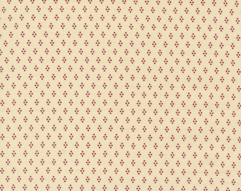 Rzadkie - o ciągłej połowie jardów - Kate’s Garden 1830-1860 autorstwa Betsy Chutchian dla Moda Fabrics #31646-12, czerwone kropki w romby na kremowym tle