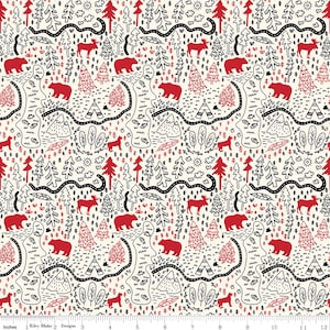 RAR - By The Continuous HALF YARD - Wild At Heart von Lori Whitlock für Riley Blake, #C9822 Rot und Schwarz Outdoor Wald Karte auf Creme