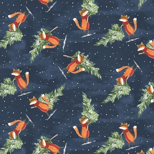 RARE - By The Continuous HALF YARD - All Spruce Up by Dear Stella Designs, Pattern #1825 Tree Shopping with the Fox on Tonal Navy Blue
