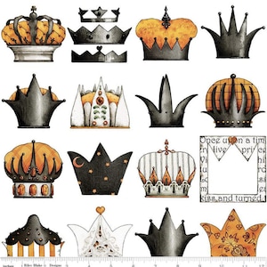 May include: A white background with 15 different black and orange crowns. The crowns are in various styles and designs. The text "Once upon a time" is in the bottom right corner of the image.