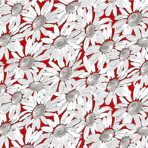 By The Continuous HALF YARD - Park Drive by Jill Finley for Henry Glass, #6270-88 Red Daisies, White 3” Flowers with Gray Centers on Red