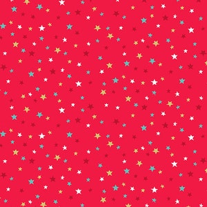 May include: A red background with a repeating pattern of white, gold, blue, and maroon stars.