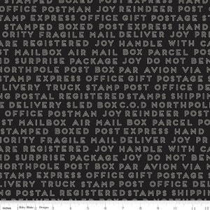 By The HALF YARD - Christmas Delivery by Carta Bella for Riley Blake, Pattern #C7335-BLACK Text, White Postal Block Lettered Words on Black