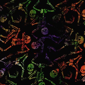 Rare - By The CONTINUOUS HALF Yards - Spell Bound Tonga BATIKS by Timeless Treasures, #TTB2782 Colorful Dancing Skeletons Trick on Black