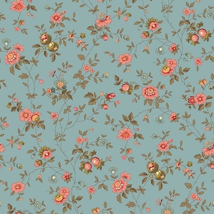 By The HALF YARD - Essex by Antiquities for Quilting Treasures, Pattern #24839-B Floral Vine Blue, Tonal Pink and Blue Flowers, Civil War