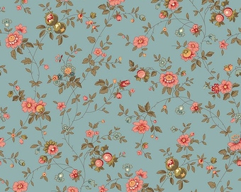 By The HALF YARD - Essex by Antiquities for Quilting Treasures, Pattern #24839-B Floral Vine Blue, Tonal Pink and Blue Flowers, Civil War