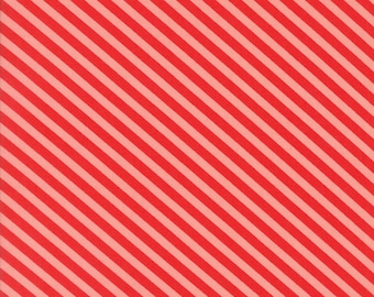 RARE - By The Continuous HALF YARD - Handmade by Bonnie and Camille for Moda, Pattern #55145-23 Coral Pink and Red Diagonal Stripes