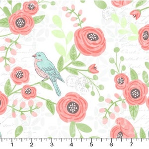RARE - Por the Continuous HALF YARD- Not Too Shabby de Love + Lemon para River's Bends #2020-2 Main en White, Blue and Pink Birds, Pink Flower
