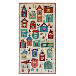May include: A colourful advent calendar quilt featuring 24 numbered mailboxes, each with a unique design. The quilt is made with a variety of fabrics, including red, blue, green, and yellow. The mailboxes are decorated with birds, stars, and other festive details.