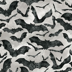 Rare - By The Continuous HALF YARDS - Boo Brew by Timeless Treasures, Pattern #BOO-C7080 Tonal Black Flying Bats on Gray