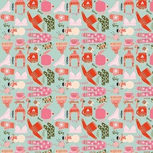 RARE - By The Continuous HALF YARD - Snuggle Up Buttercup By Poppie Cotton, Pattern #SB21602 Favorite Winter Things on Mint Blue