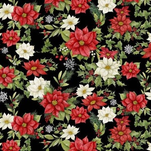ZELDZAAM - Door The Continuous HALF YARDS - Medley in Red door Susan Winget voor Wilmington, #39737-931 Red and White Poinsettia Blossoms on Black