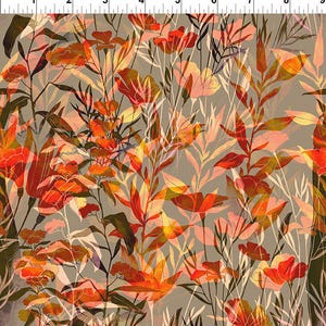 May include: A floral fabric design featuring a variety of stylized flowers and foliage in shades of orange, red, and yellow against a muted gray background. The botanical pattern includes detailed leaves and petals, creating a layered, artistic effect.