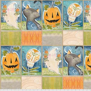May include: A digital paper pattern featuring a repeating design of Halloween characters. The pattern includes a ghost, a black cat, a pumpkin, and a sugar skull. The background is a blue and white watercolour wash.