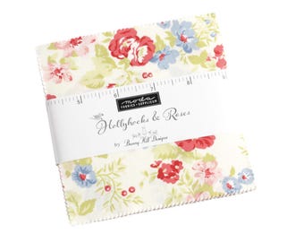Zeldzaam - 5" CHARM PACK - stokrozen en rozen van Bunny Hill Designs for Moda, #3050PP voorgesneden, 42 professioneel gesneden stukken, bloemen, blenders