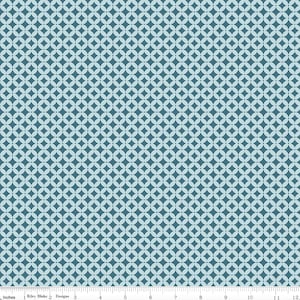May include: A teal blue fabric with a repeating pattern of white circles with a light blue center. The circles are arranged in a grid pattern.