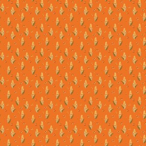 May include: A seamless pattern featuring a repeating design of corn cobs on an orange background. The corn cobs are yellow and brown with green leaves.