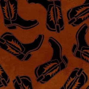 By The HALF YARD - Western Essentials by Western Denim & Dirt for Blank Quilting, Pattern #8055-35, Tossed Black Cowboy Boots on a Brown