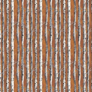 May include: A seamless pattern featuring a repeating design of white birch trees with black markings against a warm orange background.
