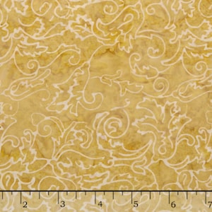 May include: A yellow fabric with a white floral pattern. The fabric has a subtle, mottled texture.