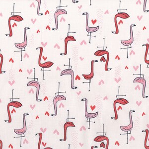 May include: A pink and white fabric with a repeating pattern of pink flamingos with hearts. The flamingos are standing on one leg and have their necks bent in a graceful curve. The hearts are scattered throughout the fabric.