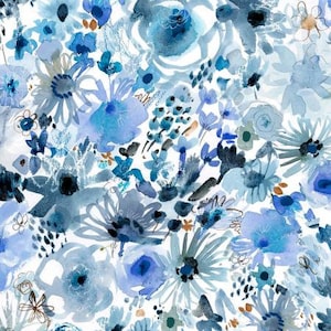 Rare - By The Continuous HALF YARDS - Blue Crush by August Wren for Dear Stella, #1293-WH Blue Spray on White, Packed Floral Blossoms