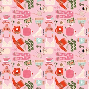 RARE - By The Continuous HALF YARD - Snuggle Up Buttercup By Poppie Cotton, Pattern #SB21602 Favorite Winter Things on Pink