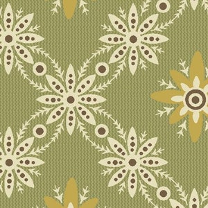 By The Continuous HALF YARD - Charleston by Jo Morton for Andover, #7470YG Green, Cream Floral Diagonal Grid, 1.25” Yellow Flowers on Olive