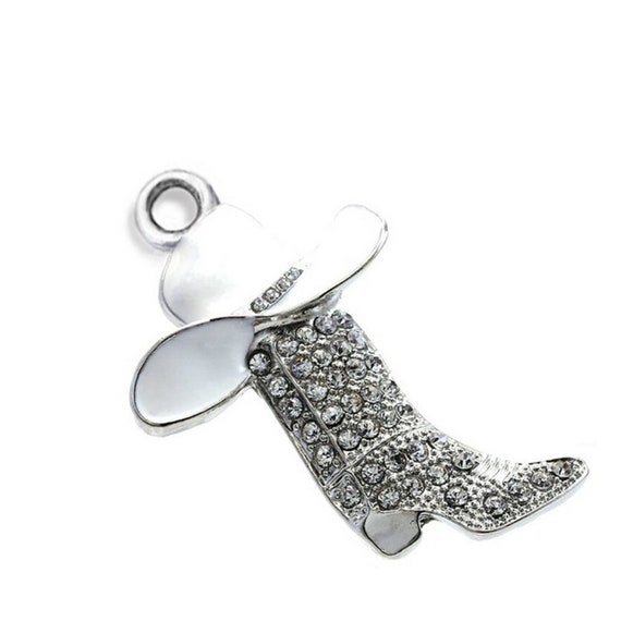 1 Rhinestone Cowboy Hat And Boot Charm Antique Silver Clear 1 Rhinestone Cowboy Hat And Boot Charm