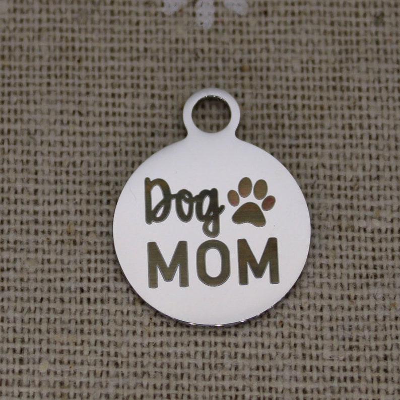 BULK 5 Pcs Mom With Paw Print Silver Stainless Steel Charm Pendants High Polish Mirror Surface Pet Canine Charms 20 mm #2166