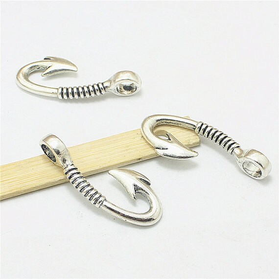 8 Fishing Hook Charms Antique Silver Tone Hook Charms Charm Etsy