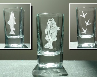 Laser Etched Outdoorsman Shot Glass – Trout, Bass, Turkey Tracks