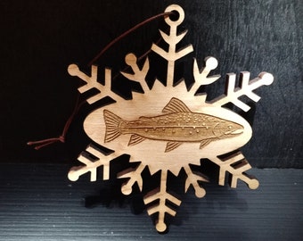 Laser cut wood snowflake ornaments, Trout ornament, Bass ornament, Deer ornament, country decor, flake, intricate elegant snowflake ornament