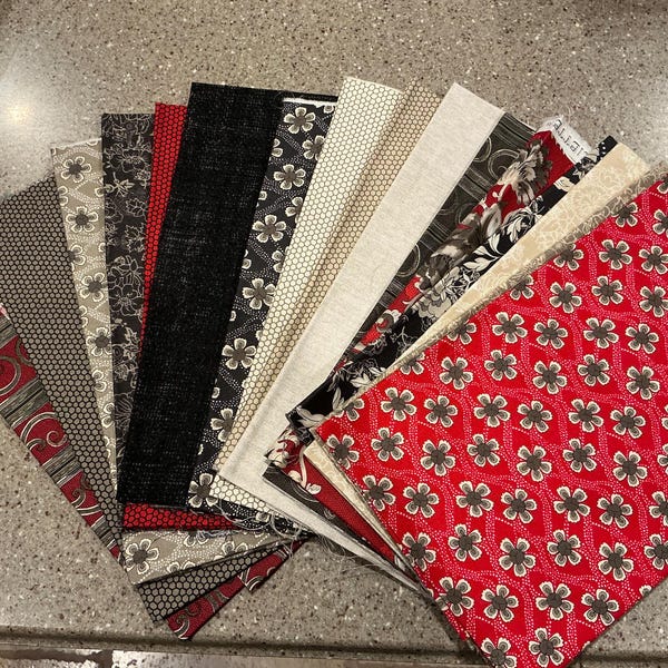 16 fat quarters red black grey floral Juliette fabric line connecting threads