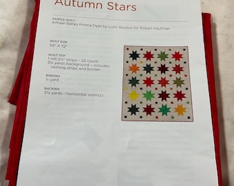 May include: A sample quilt pattern titled "Autumn Stars" with a colorful star design. The pattern includes quilt size dimensions of 59" x 72". The text also lists fabric requirements for the quilt top, binding, and backing.