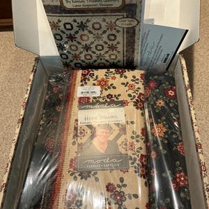 Könnte beinhalten: Ein Quilt-Stoffpaket mit dem Titel Hope Blooms von Kansas Troubles Quilters für Moda Fabrics. Das Set enthält ein Anleitungsheft namens Blooms, einen in Plastik verpackten Moda-Stoffstapel und ein Lineal mit einer Länge von 12,7 cm.