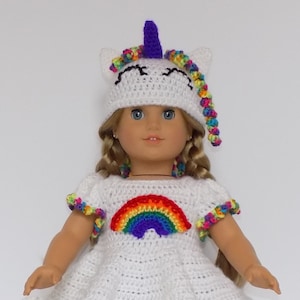 18&quot; doll Crochet Pattern, fits American Girl- Rainbow Unicorn Hat and Dress Outfit- PDF download