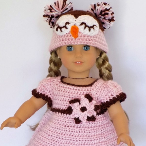 18" Doll Outfit (fits American Girl)- Owl Hat and Dress Crochet Pattern- PDF Download