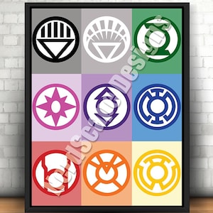 May include: Framed print featuring nine colorful squares, each displaying a different circular emblem. The emblems are in various colors, including black, white, green, pink, purple, blue, red, orange, and yellow. The artwork is set against a white brick wall.