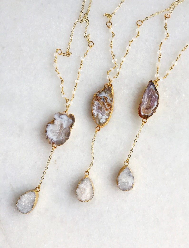 gemstone necklace Moonstone and Druzy Lariat dainty necklace valentines gift delicate jewelry | galentine